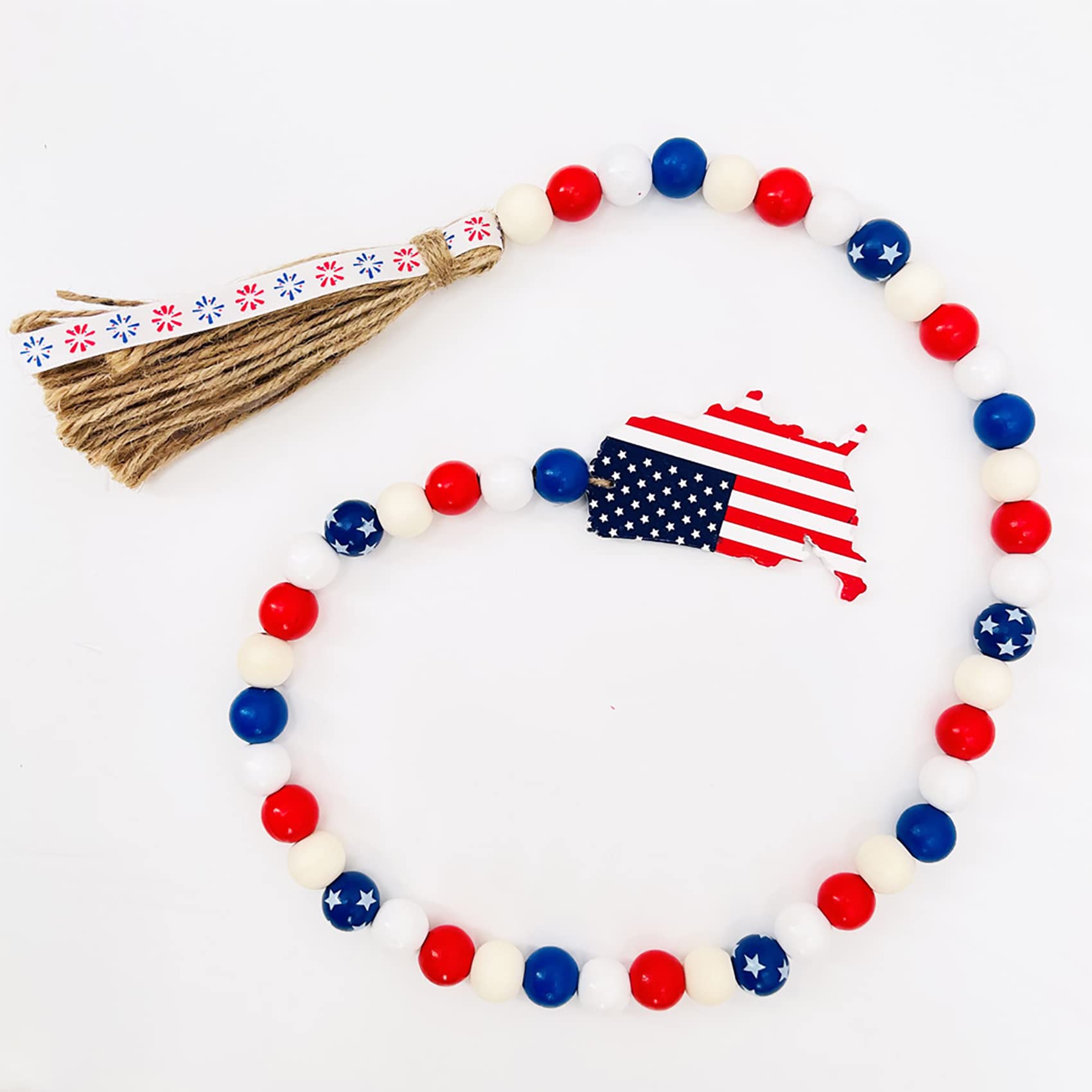 TOOFD Independence Day Wood Bead Garland with Tassels,Map Patriotic Decor,4th of July Decorations,Farmhouse Table Decor Wooden Beads Garland Rustic Farmhouse Tiered Tray Decor Home Decor?33.5 inch ?