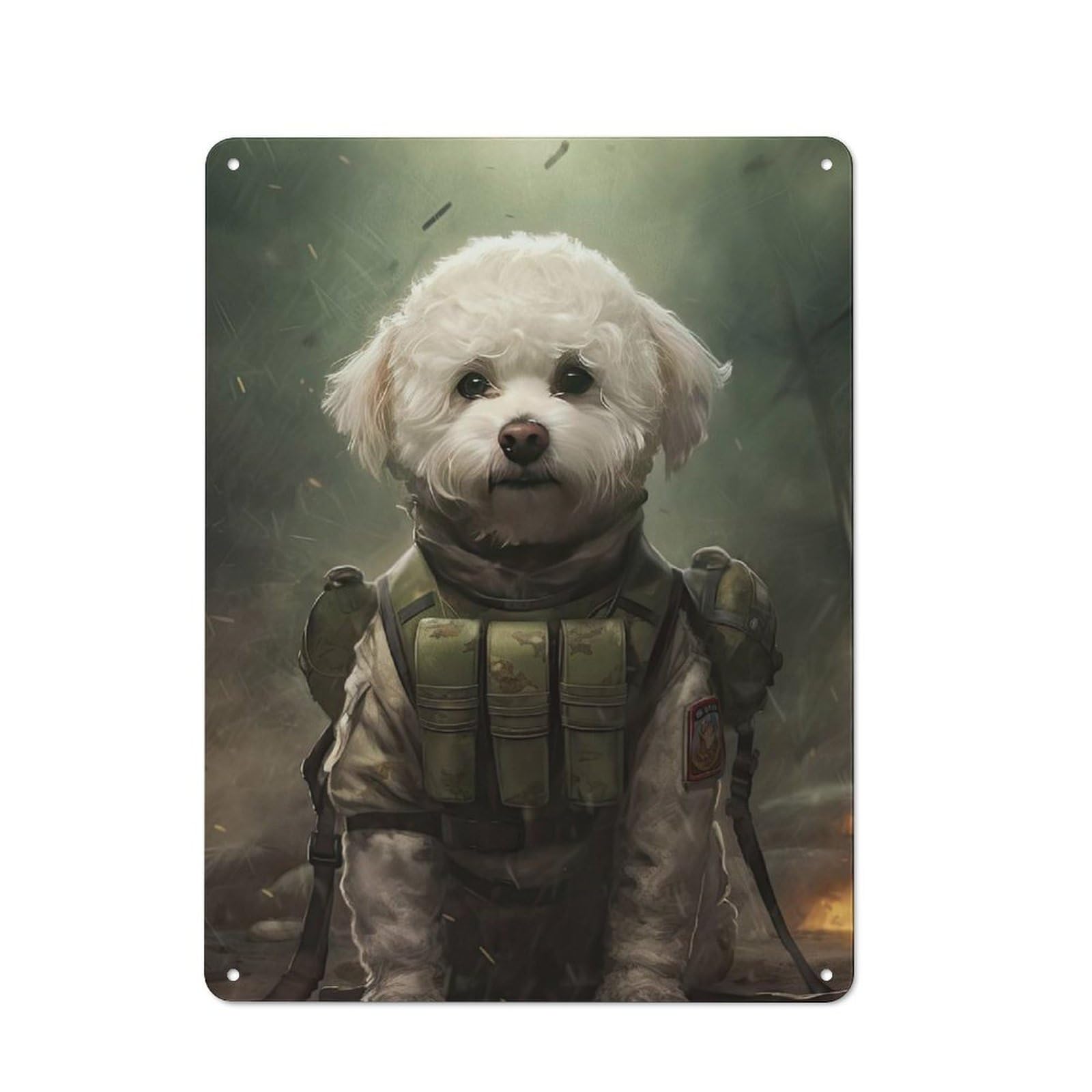 Junmoney Style-21 Metal Sign 40X30cm With Bichon Frise Soldier For Workshop Wall, Rustic Decor, Wall Decoration For Workshops And Hobby Rooms