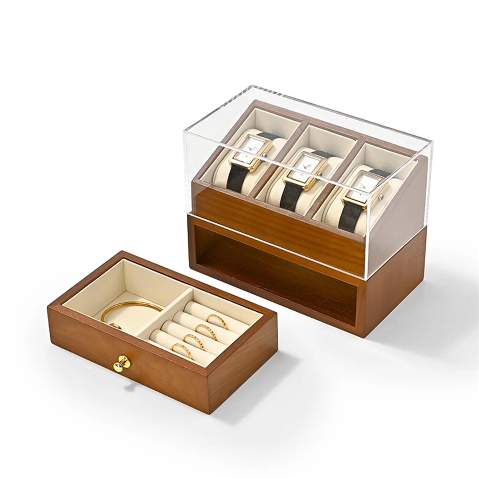 Caja De Relojes De Madera Maciza Caja de reloj madera 3 rejillas, organizador joyas doble capa, almacenamiento muñeca, cubierta a prueba polvo, relojes
