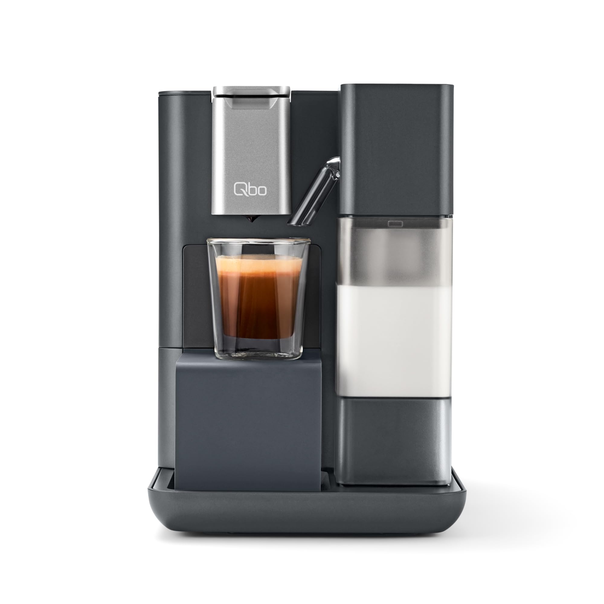 Tchibo Qbo MILK MASTER Premium Kapselmaschine inkl. 16 recyclebare Qbo Kapseln für Cappuccino, Espresso, Caffè Crema, Milchschaum auf Knopfdruck mit abnehmbarem Milchtank 300ml, Gentle Grey