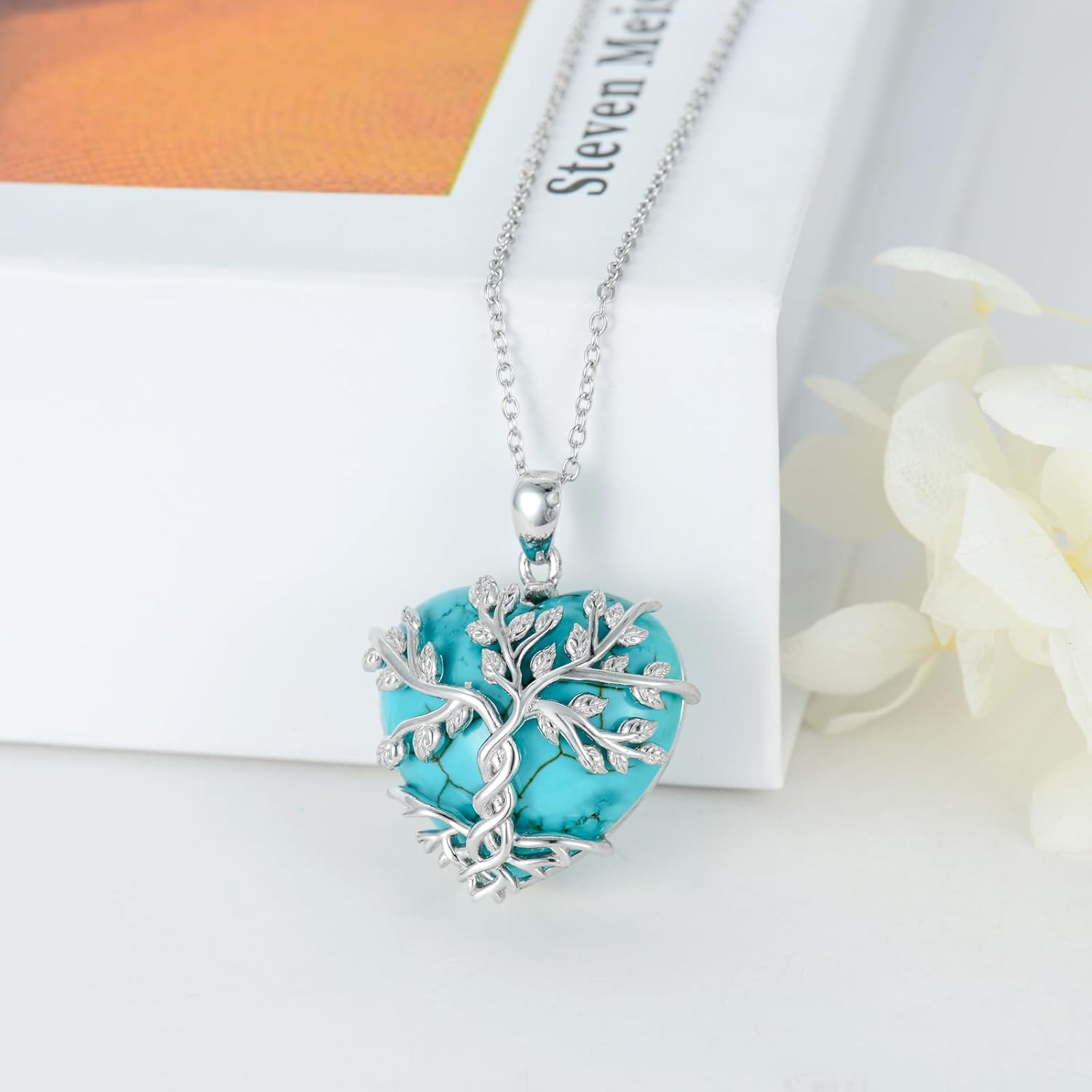 Turquoise Tree of Life Necklace 925 Sterling Silver Genuine Turquoise Gemstone Family Tree Pendant for Women Christmas Birthday - Image 3