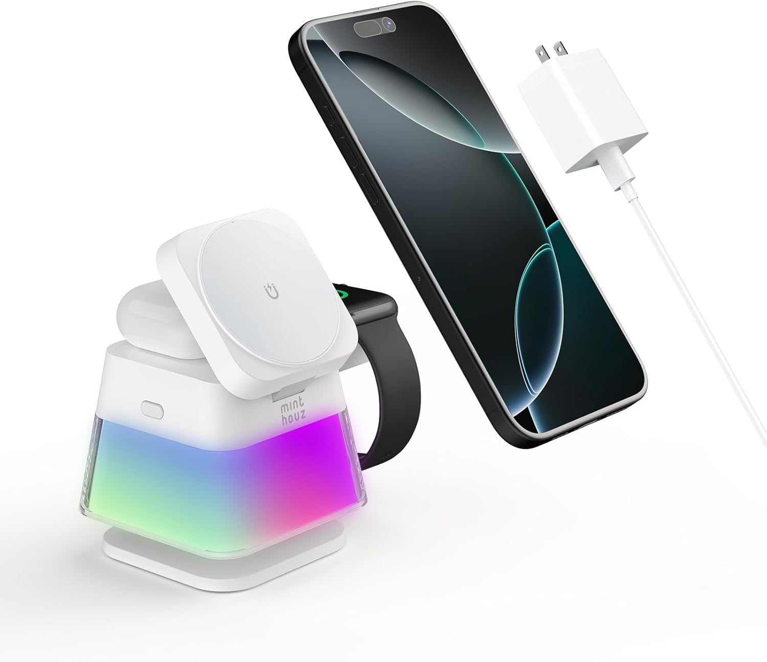Minthouz 3 in 1 Charging Station for iPhone, Wireless Charger for Apple, Charging Station for Multiple Devices with Multi-Color Light for iPhone 16, 15, 14, 13, 12 Pro, Apple Watch & AirPods Pro/4/3/2