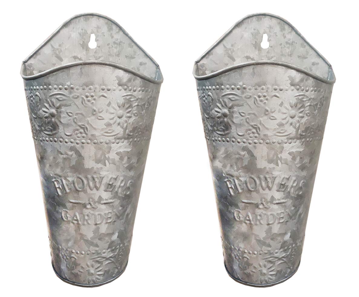 DECONOORGalvanized Hanging Planter, Silver Metal Weather Resistant Indoor Outdoor Pots, Farmhouse Style Wall Vase for Herbs, Pocket Planters, Flowers, Hanging Basket, Rustic Home Wall Décor, Set Of 2