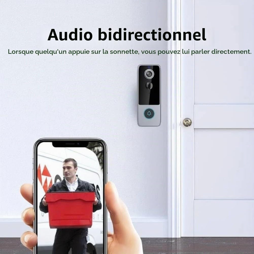 Sonnette vidéo intelligente sans fil pour sonnette Wi-Fi Tuya - Vidéo HD 720p - Audio bidirectionnel - Détection de mouvement - Rechargeable par USB-C