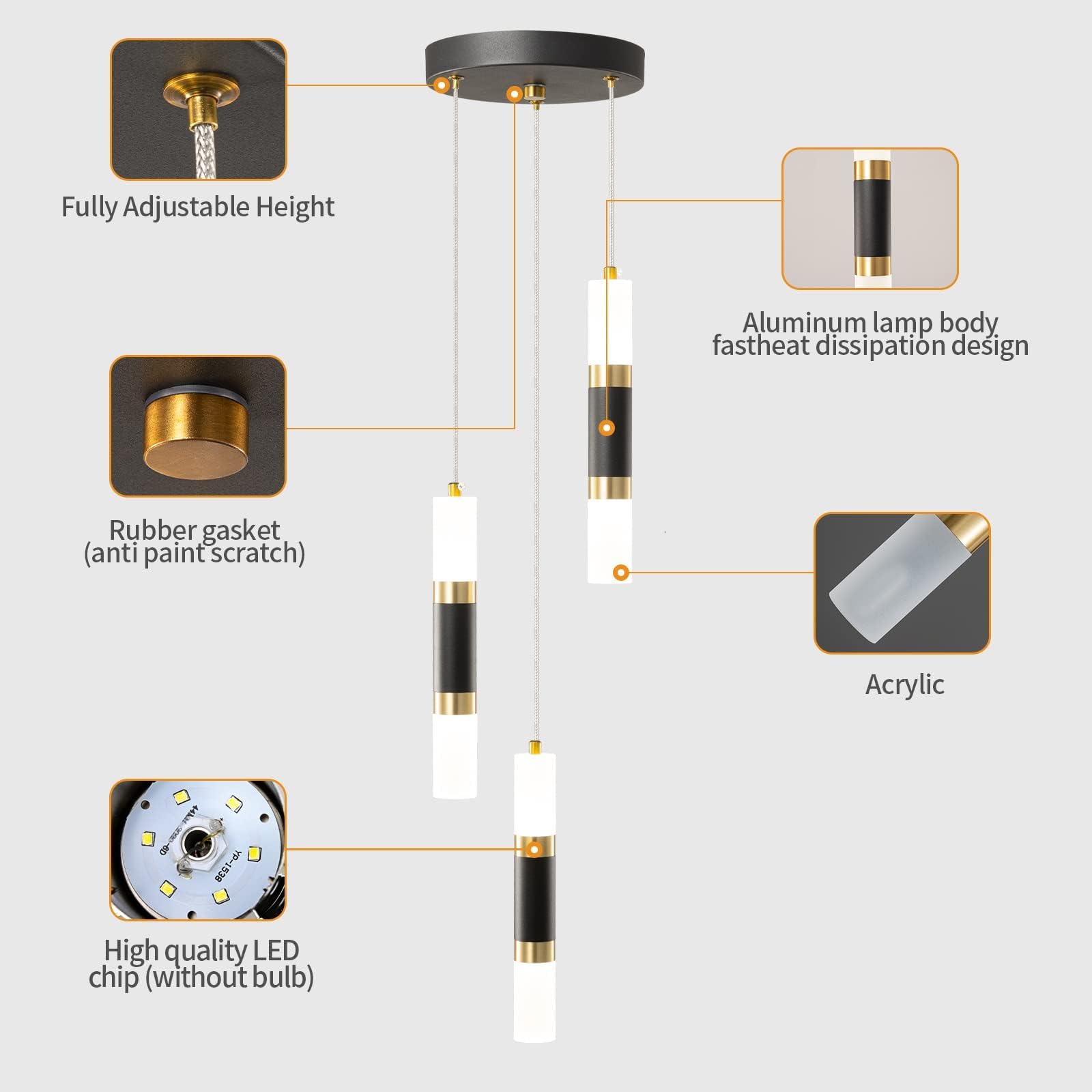 LIANGMH 3-Light Black Pendant Light - Dimmable LED Kitchen Island Lighting, Adjustable Height, Modern Industrial - View #6