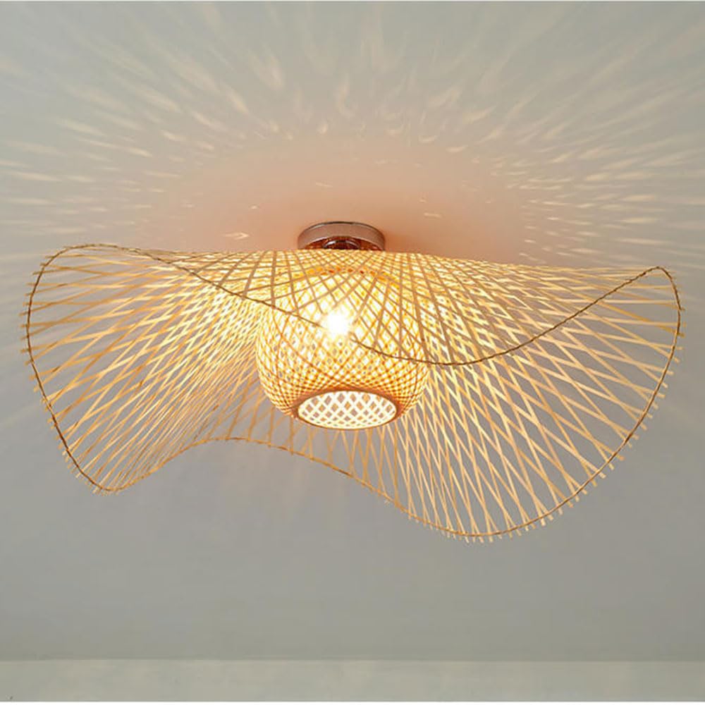 OZBMA LED Bohemia Pendant Lamp Fixture Bamboo Ceiling Lighting Natural Hollow Wicker Rattan Lampshade, Semi-Flush Mount Hanging for Corridor, Living Room, Bedroom (size_name 48cm/18.9in)