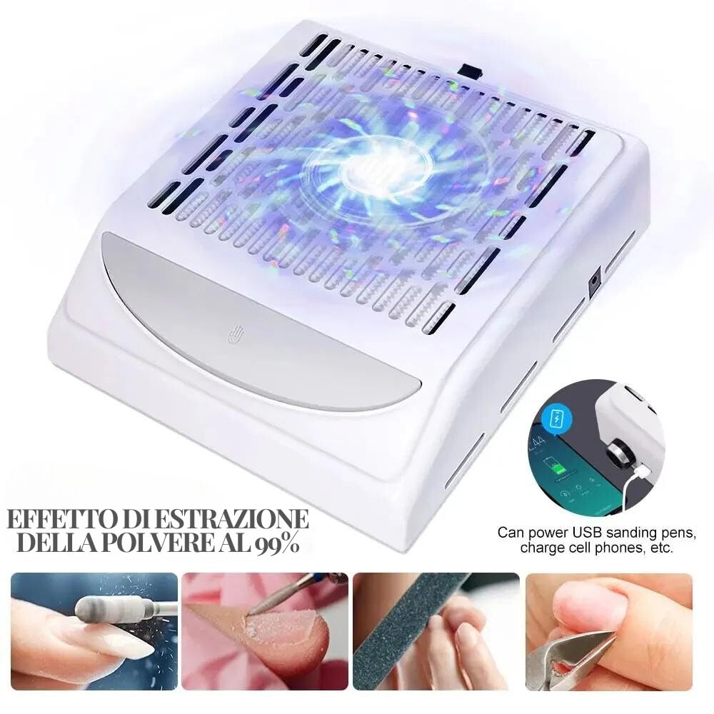 Aspirapolvere per Unghie da 80W, aspiratore unghie professionale con Velocità Regolabile, Filtro Riutilizzabile e USB per Ricarica Smartphone (Bianco)