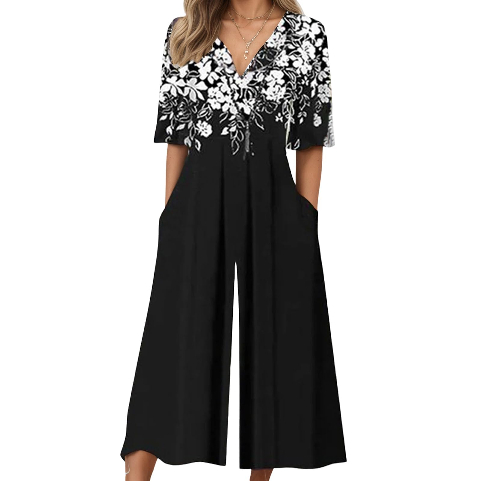 LOZ Women's Blue Leaf Print V-Neck Jumpsuit 2025 — Summer Casual Half Sleeve Wide Leg Pants Rompers Beach Wear