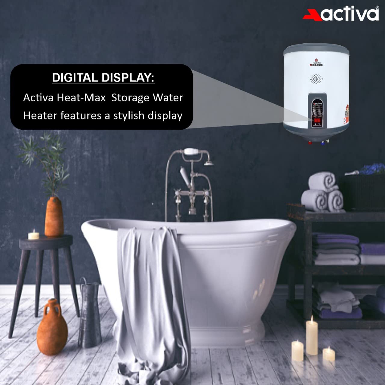 Close-up of the ACTIVA geyser's digital display and temperature controls