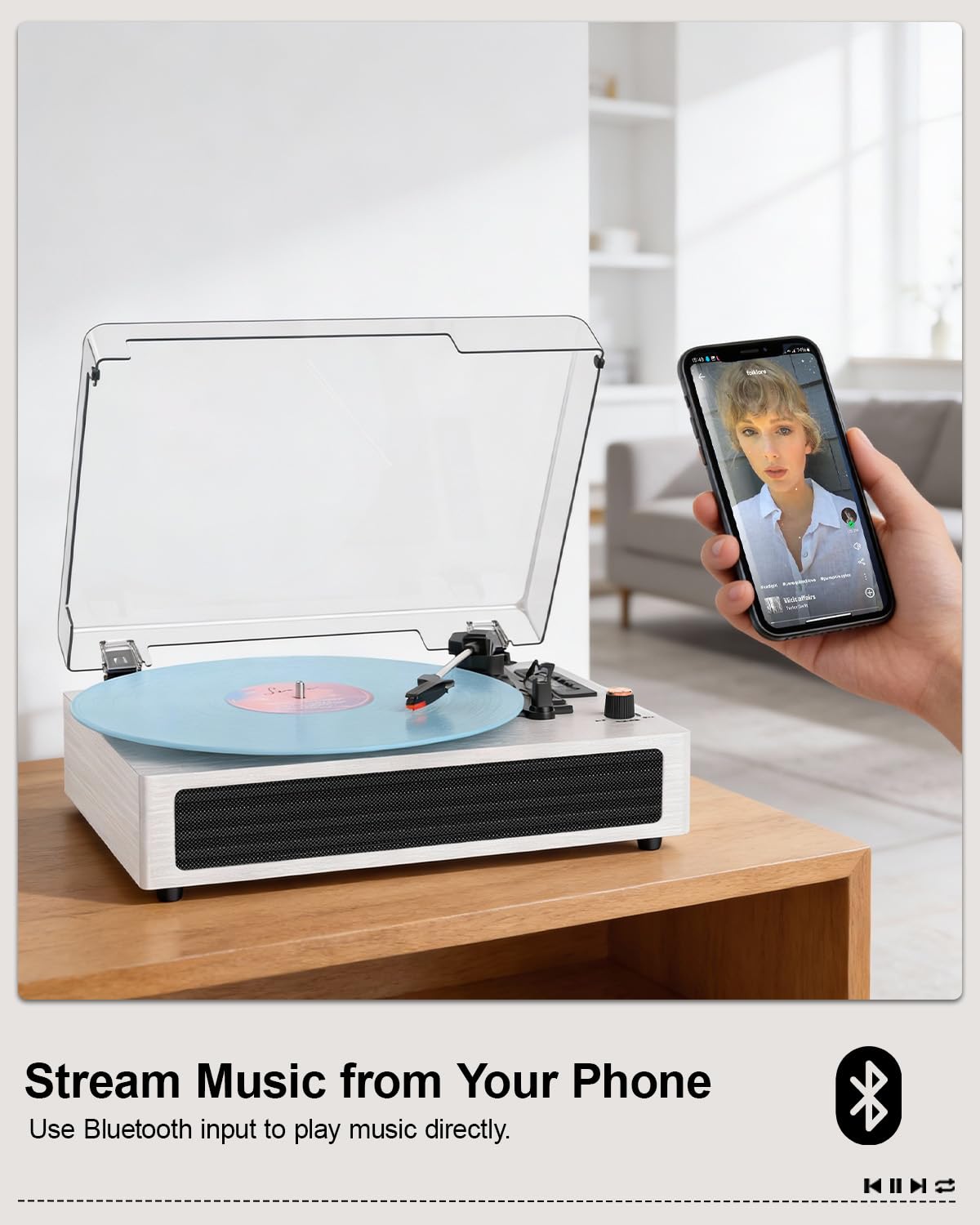 Gramofon Bluetooth, 3-biegowy, retro, winylowy, z wbudowanymi głośnikami, wejście AUX, automatyczne zatrzymanie, nagrywanie USB, napęd pasowy, biały