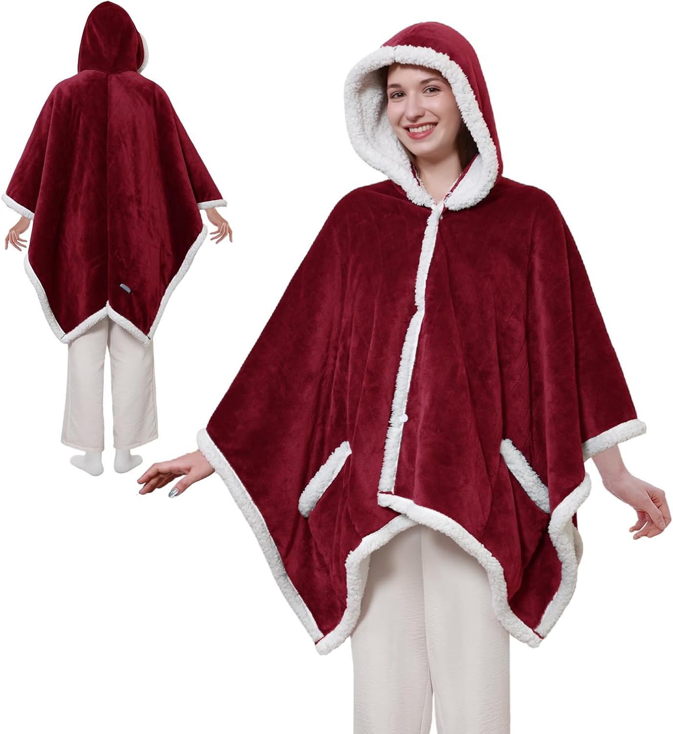 Sealy Heated Throw Wearable Shawl Wrap with Pockets, Reversible Flannel to Sherpa Electric Blanket Hoodie Poncho with 6 Heating Levels & 2-10 Hours Time Settings, 50 X 60 Inch, Red