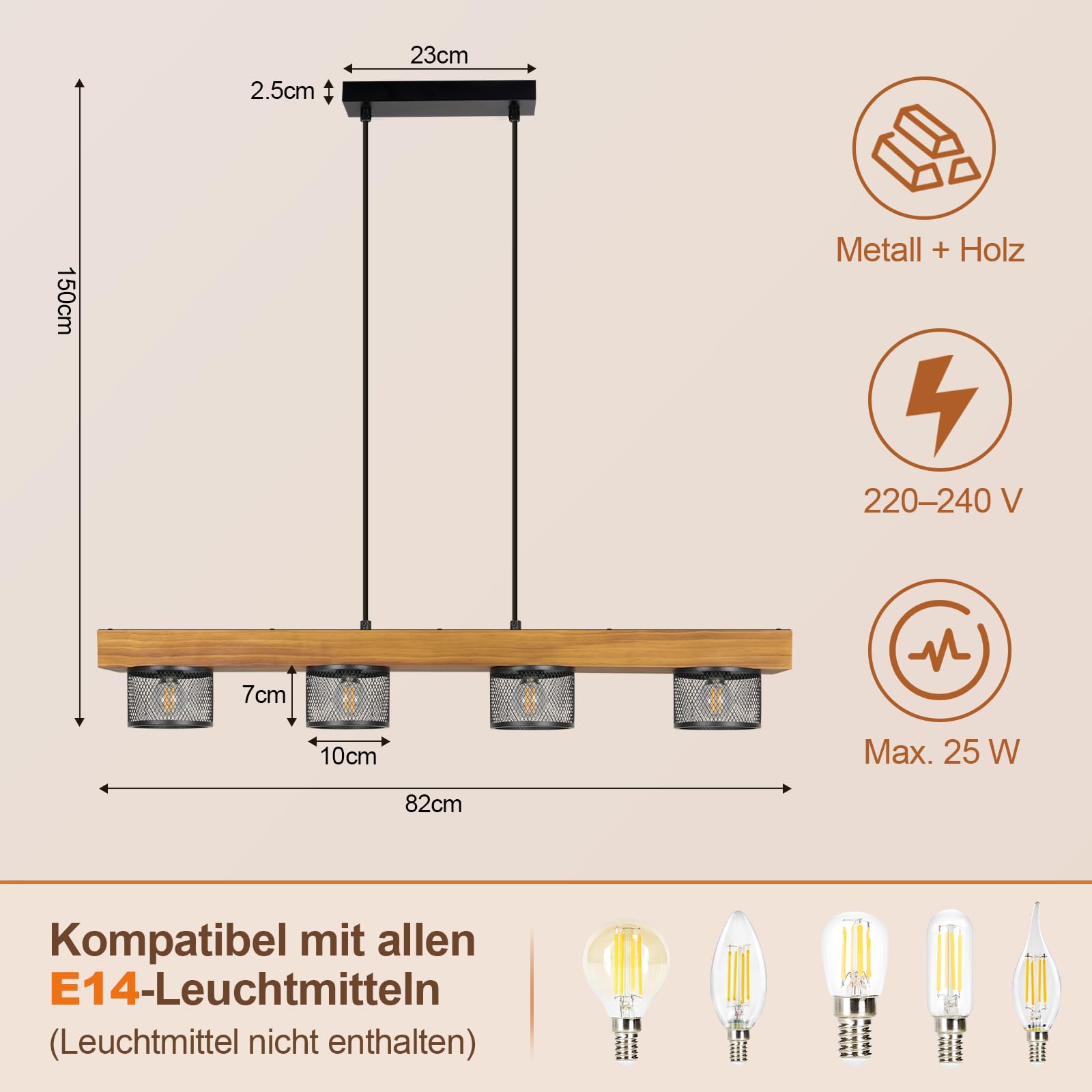 ZMH Vintage Pendelleuchte Holz Hängelampe esstisch 4 flammig mit Holzbalken | Schwarz Hängeleuchte retro Esstischlampe E14 Esszimmerlampe aus Metall für Küche Wohnzimmer Esszimmer (Ohne Leuchtmittel)
