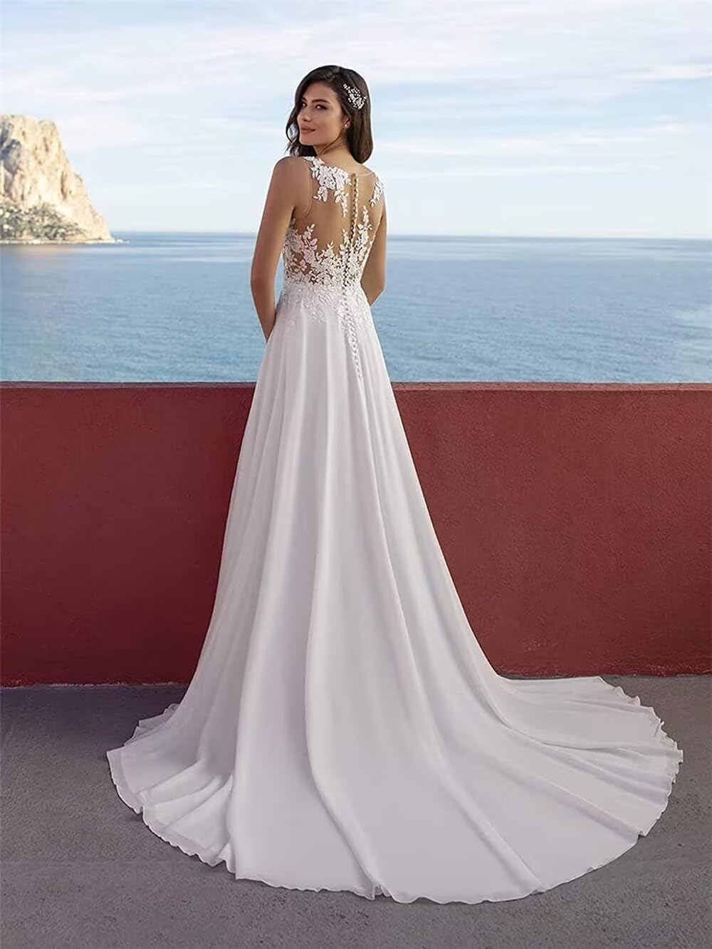 Abito da Sposa Abiti da Sposa Manica Lunga Scollatura a V Ufficio Civile Moda Sposa Abiti da Sposa, Bianco 14, 34