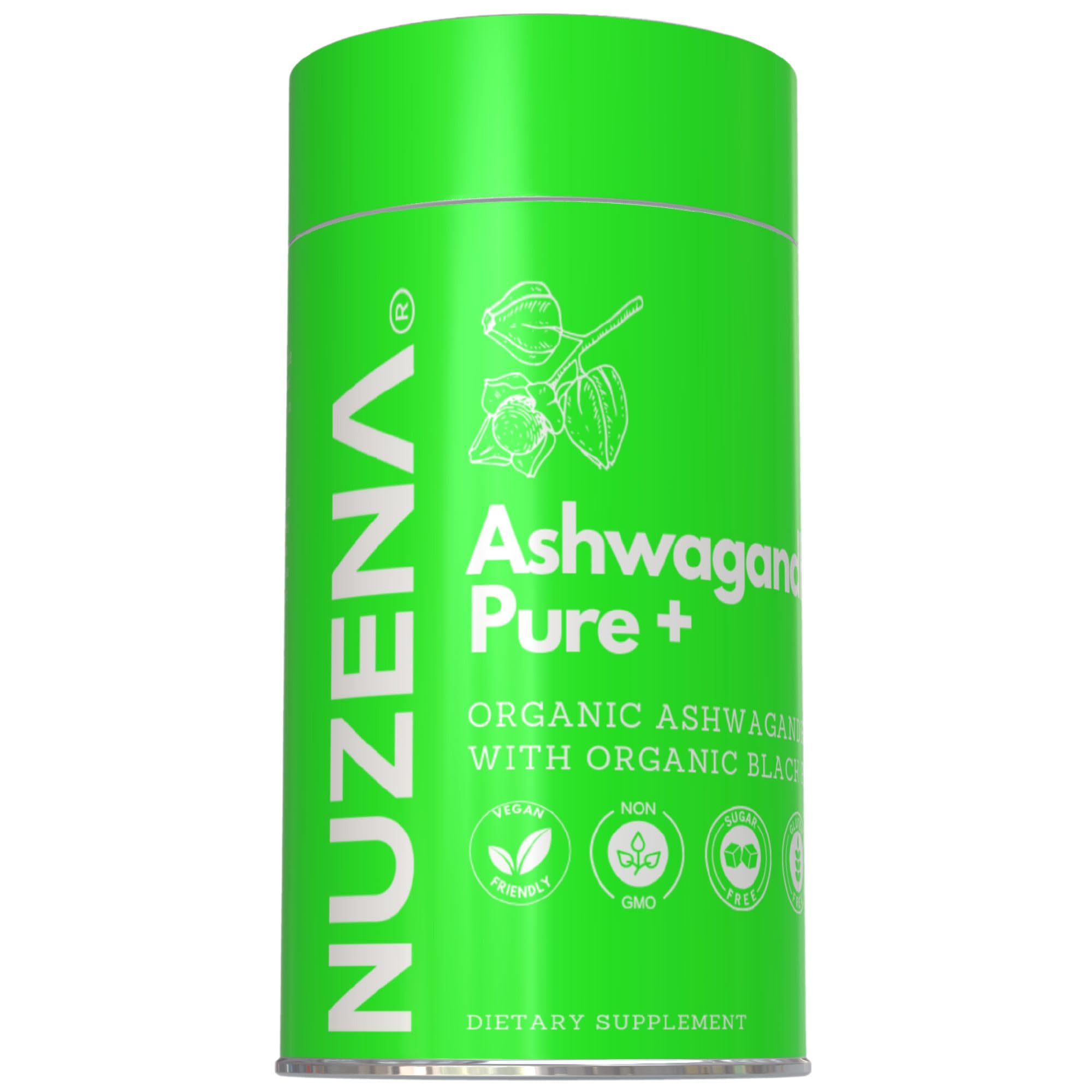 Nuzena Ashwagandha Pure +, 1300mg Organic Ashwagandha Capsules with Black Pepper 10mg, Pack of 60 Made in USA Vegan, Non-GMO and Gluten Free Thyroid Support Capsules