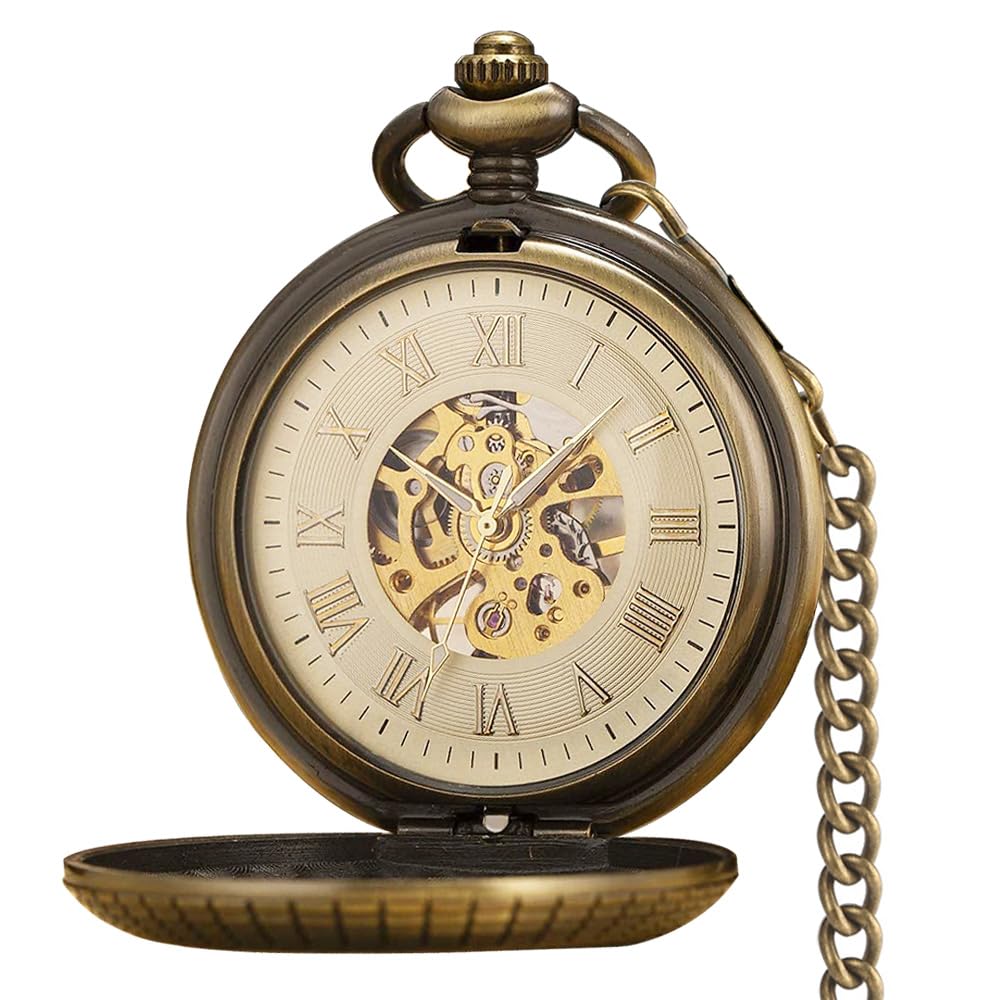 VIGOROSO Men's Hand-Wind Mechanical Pocket Watch Vintage Steampunk Wood Grain Hollow Design with Chain and Box