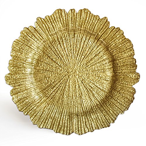 ChargeIt by Jay Reef Charger Large 13” Decorative Glass Service Plate for Home Or Professional Fine Dining-for Upscale Catering Events, Dinner Parties, Or Weddings, Round, Gold