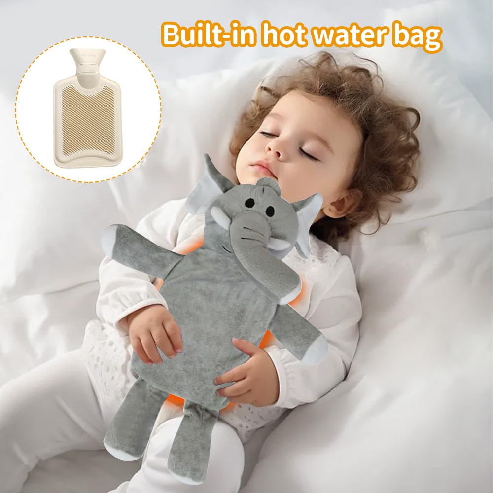 Bolsa Agua Caliente Peluche de 1 Litro, Bolsa Agua Caliente Niños, Elefante de Peluche, Desmontable y Lavable, Segura Prueba de Explosiones, Regalos adecuados para niños, familiares y amigos