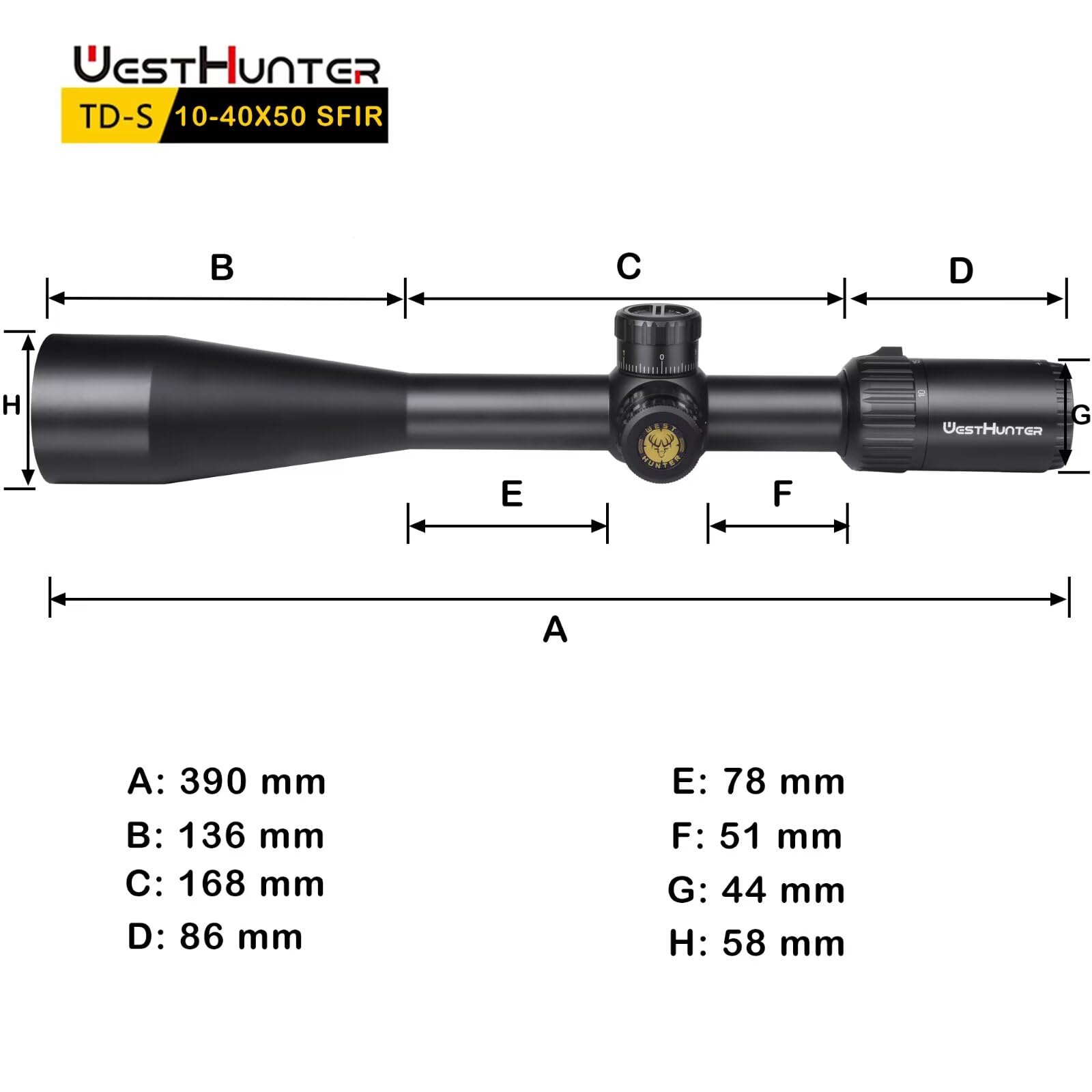 WestHunter Optics TD-S 10-40x50 SFIR Mira Telescópica, Tubo 30mm Segundo Plano Focal, Iluminación Roja, Precisión 1/10 MIL, Visor de Largo Alcance - Indicado Únicamente para Actividades Deportivas