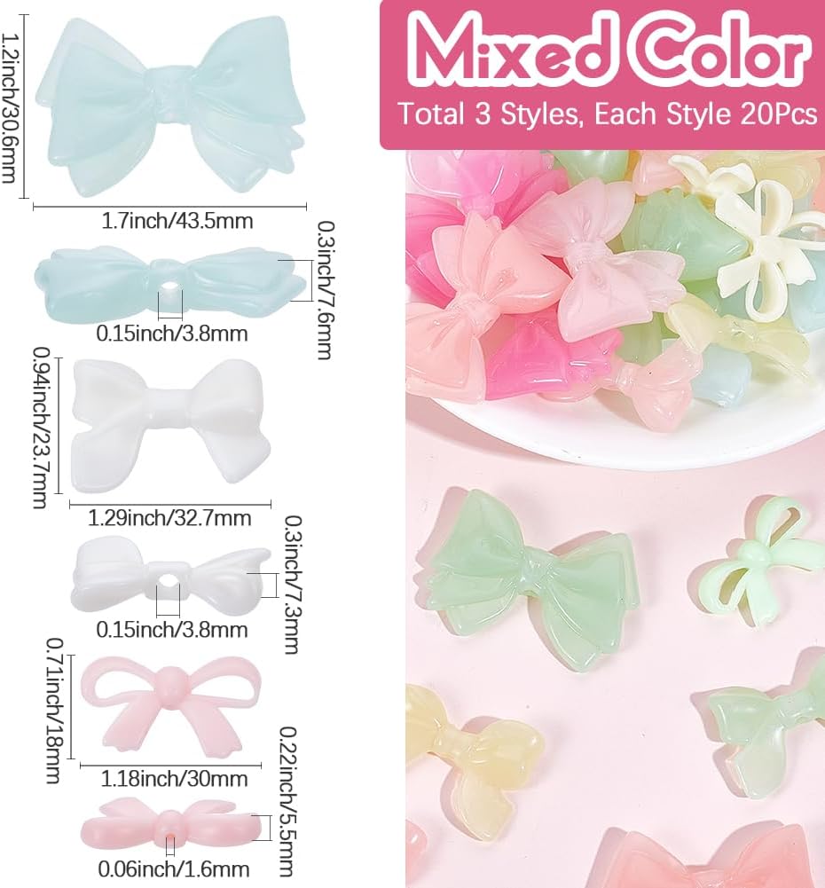SUNNYCLUE 60Pcs 3 Styles Acrylic Bow Bead Plastic Bowknot Beads Bulk Random Colorful Opaque White Pink Mini Bows Bowtie Spacer Charms for Jewelry Making Pendants Earrings Necklaces Bracelets Keychains - Image 2