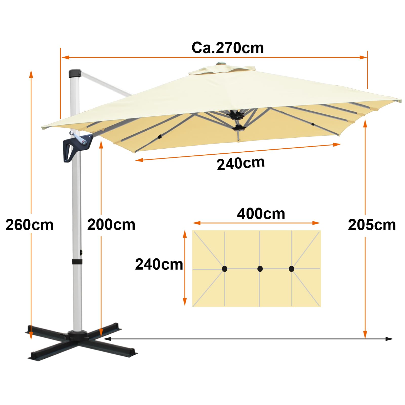 RANSENERS Ampelschirm Rechteckig 400 x 240cm, Doppelsonnenschirm, Drehbar 360°, Neigbar 0°-90°, Extra-Dicker Gewebe, UV50+, für Garten, Terasse, Cafe, im Freien