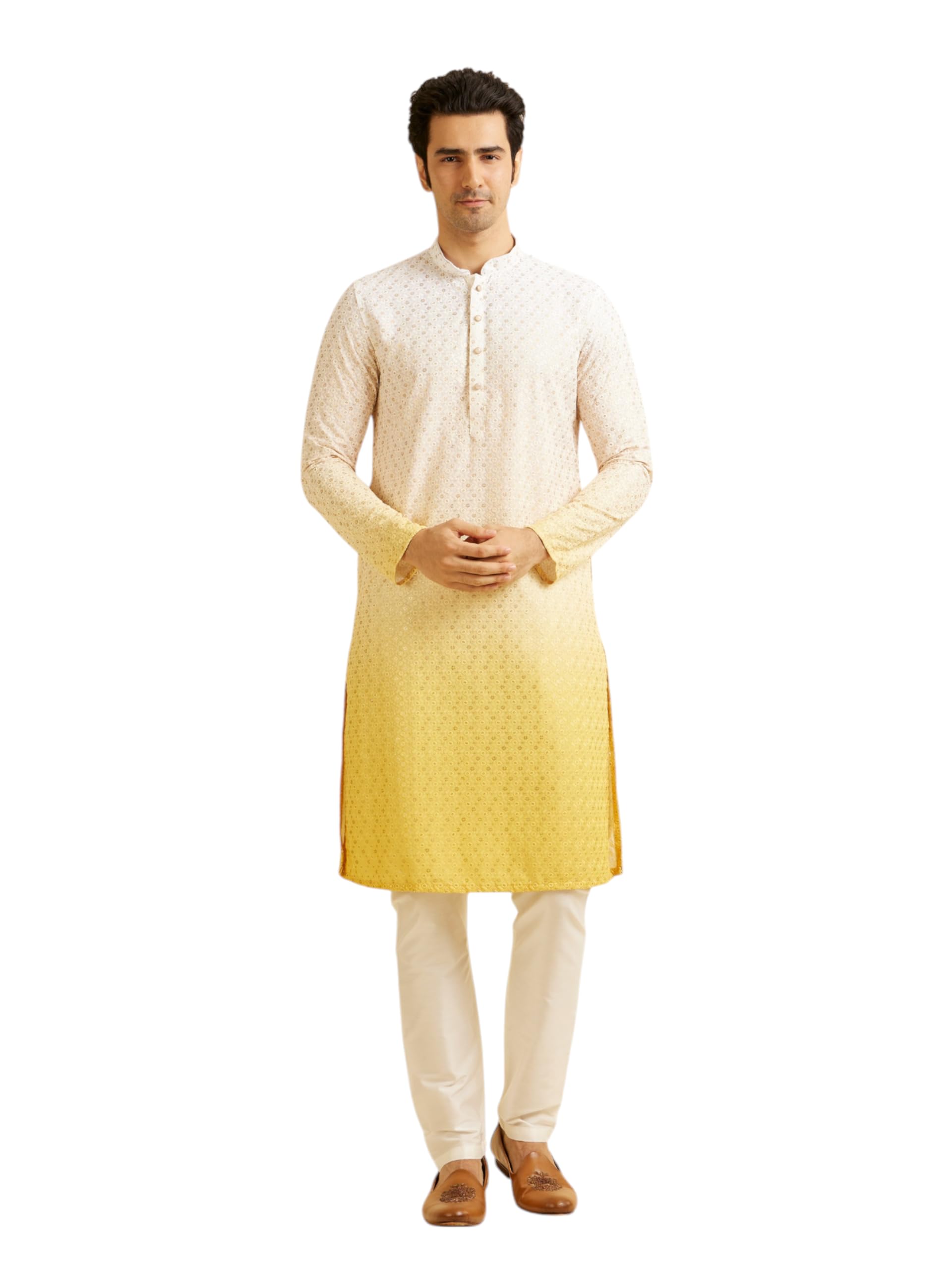 manyavar Men's Cotton Blend Ombre Dyed Chikankari Kurta Set (2pcs)-picture-20