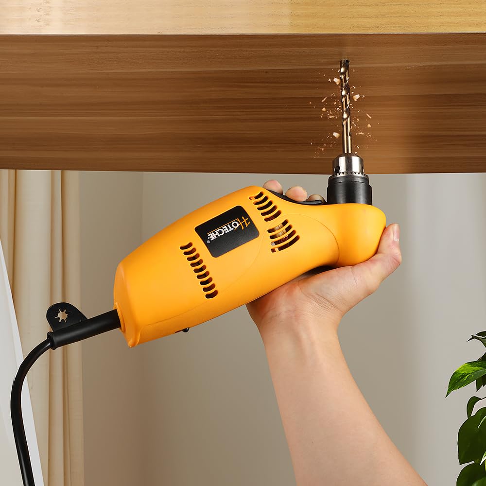 Hoteche 450W Winkelbohrmaschine – Leistungsstarker 220-240V Bohrer mit 0-1400rpm, 10mm Schlüsselaufnahme, variablem Geschwindigkeitsregler, VDE-Stecker, inkl. Zubehör – Ideal für Holz und Metall