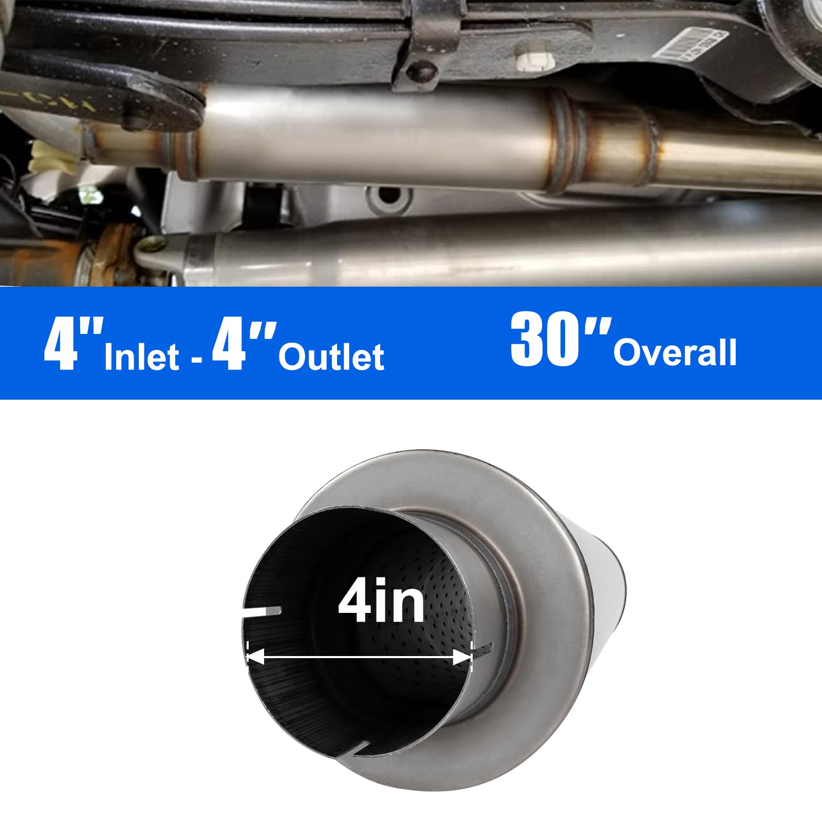 Floshine 4'' Exhaust Muffler, 4'' inlet/outlet, Universal 30 Floshine 4'' Exhaust Muffler, 4'' inlet/outlet, Universal 30