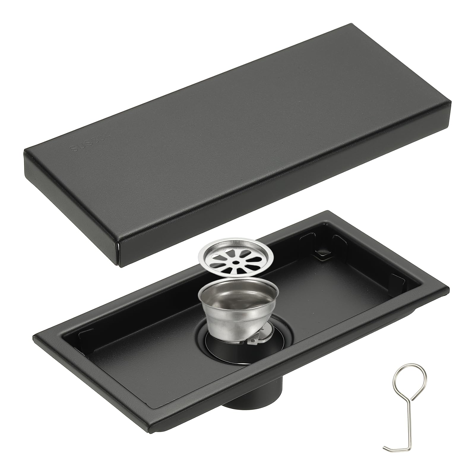 sourcing map Rectangular Shower Drain, Brushed 304 Stainless Steel Odor-proof Floor Drain Linear Shower Drain Hair Catcher for Bathroom Kitchen and Laundry Room(8 Inch, Black)