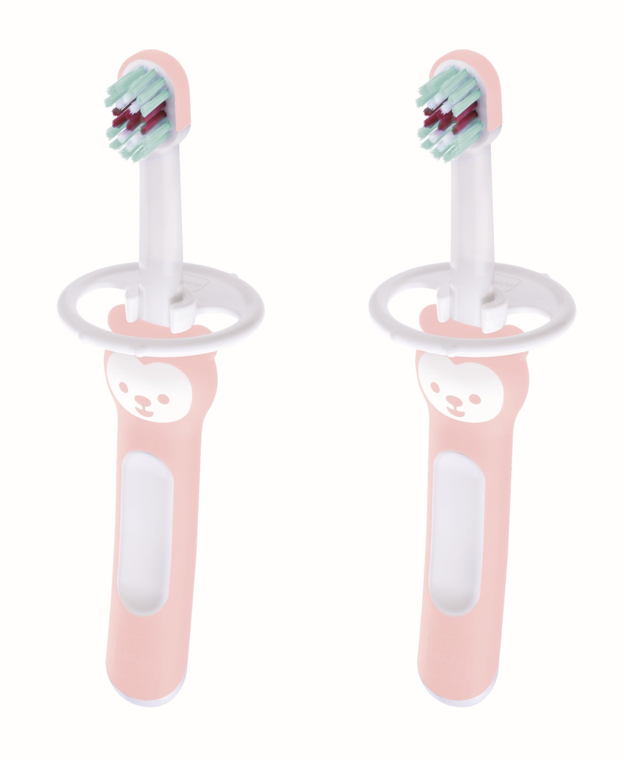 MAM Baby Toothbrush Set, Compact Handle, Ergonomic and Non-Slip for First Teeth, with Safety Guard, Very Small Head and Extra Soft Bristles, Pink, Pack 2