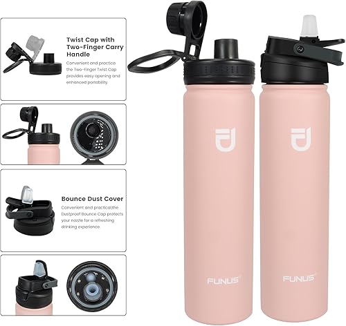 Miniatura 3 de FUNUS Botella de agua aislada de 24 onzas (2 tapas) de acero inoxidable al vacío con asa, tapa superior abatible y cuerda de paracaídas, sin BPA,