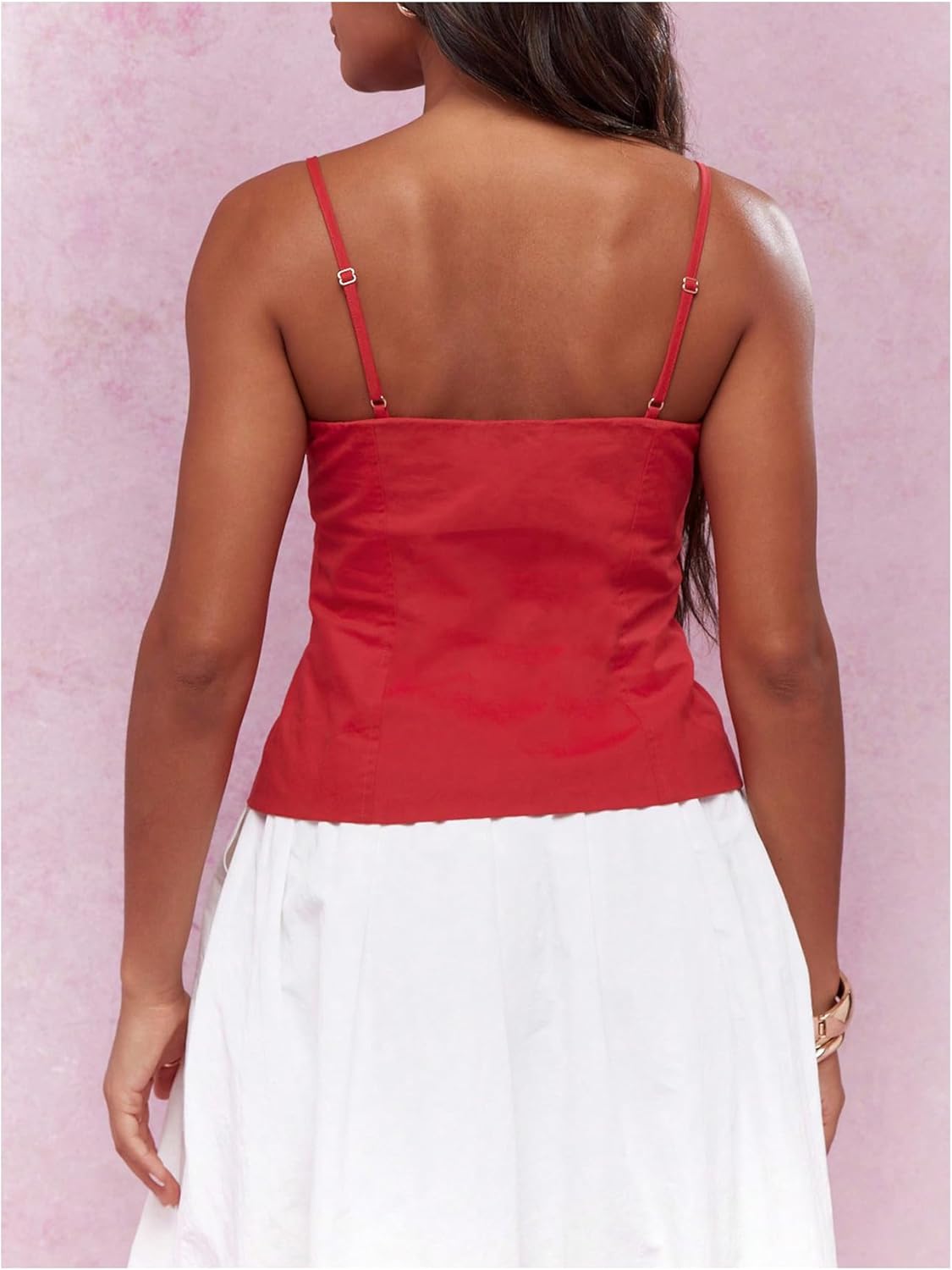 SOLY HUX Women's Tie Front Button Down Cami Top Y2k Spaghetti Strap Bustier Corset Tops Camisole Solid Red Medium - Image 3
