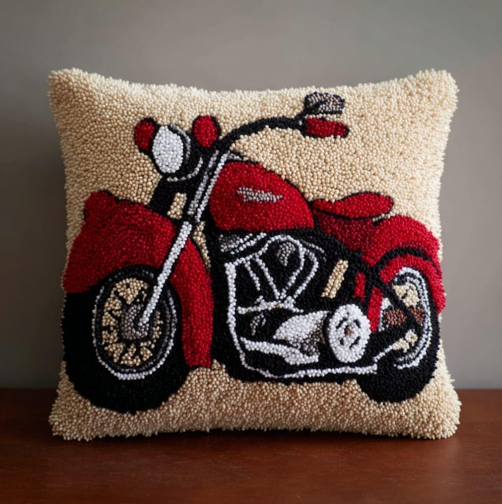 WallustrioaW Latch Hook Pillow Case Kits,Motorcycle 17X17 Inch Latch Hook Cushion Cover Kit,Knitting Kits Cushion for Adults Rug Making Kit for Starters