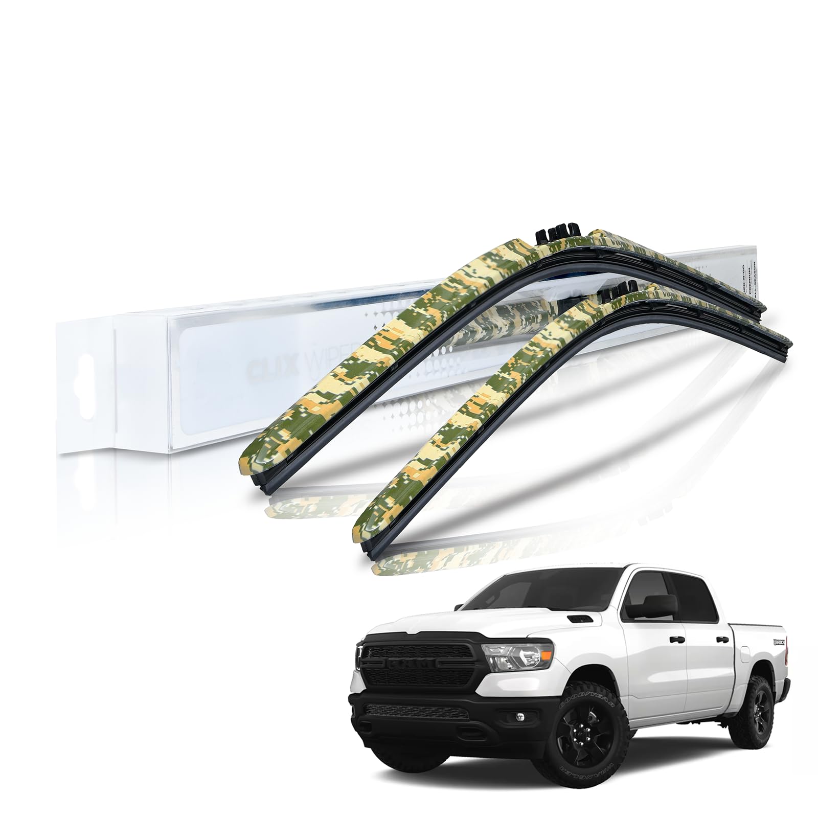 Clix Wipers - Dodge RAM 1500 (22"/22") Camo Windshield Wiper Blades, All-Weather Replacement Wipers - Complete Front Set of 2, Includes Quick Connect Clips (2010-2018)