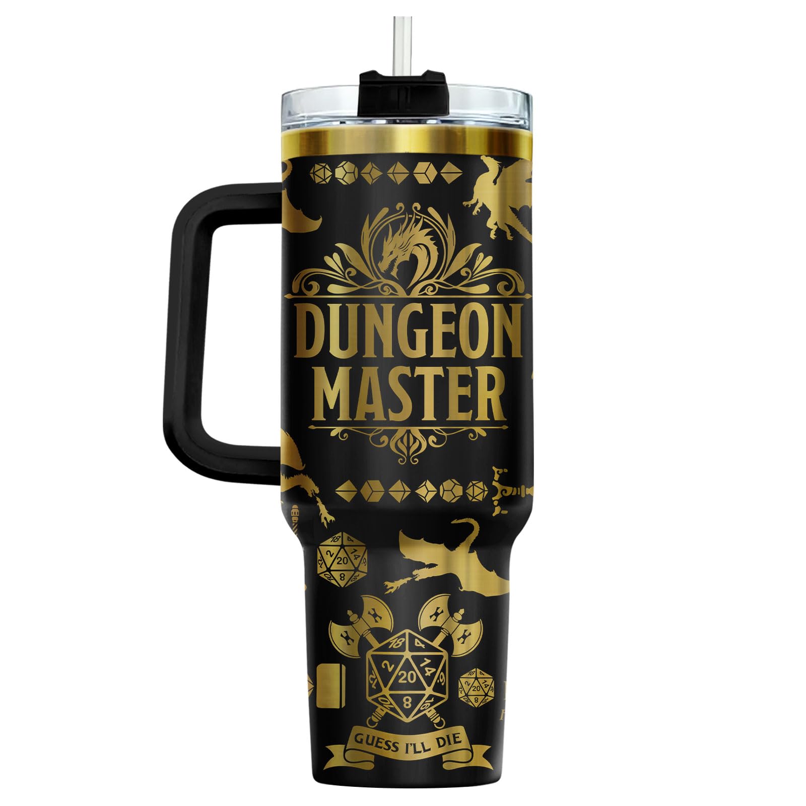 34HD Dungeon Dice Game Tumbler 40oz with Handle and Straw, Master Dragon Laser Engraved Insulated Travel Coffee Cup - Funny Birthday Gifts for Gamers, Friends & BFF