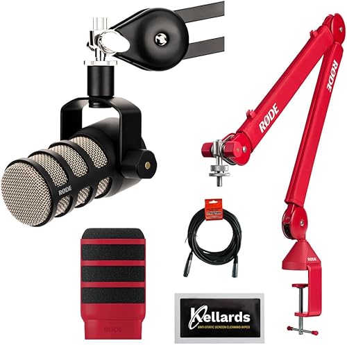 Rode PodMic Dynamic Microphone Bundle with RODE PSA1+ Professional Studio Arm (Red), RODE WS14 Red, XLR- XLR Cable, Anti-Static Screen Cleaning