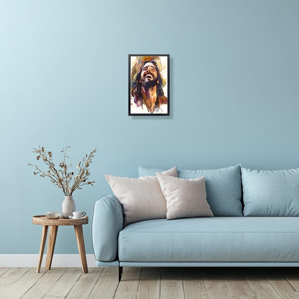 Aubeeba Jesus Wall Art Framed Laughing Jesus Poster Vintage Watercolor Canvas Pictures for Bedroom Christian Religious Wall Decor 12x16 inches