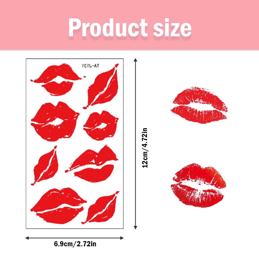 10 Sheets Red Lip Tattoo Stickers Waterproof Red Lip Temporary Kiss Tattoos Long Lasting Love Heart Tattoos Cute Flowers Decorative Stickers for Face Arms Neck Face Body Art - Image 2