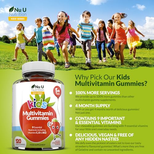 Multivitamin Gummies for Kids - 120 Vegan Gummies - 4 Month Supply - Tasty Strawberry Flavour - 9 Essential Vitamins Including C, D & B12 - Made in The UK - Nu U Nutrition - Image 4