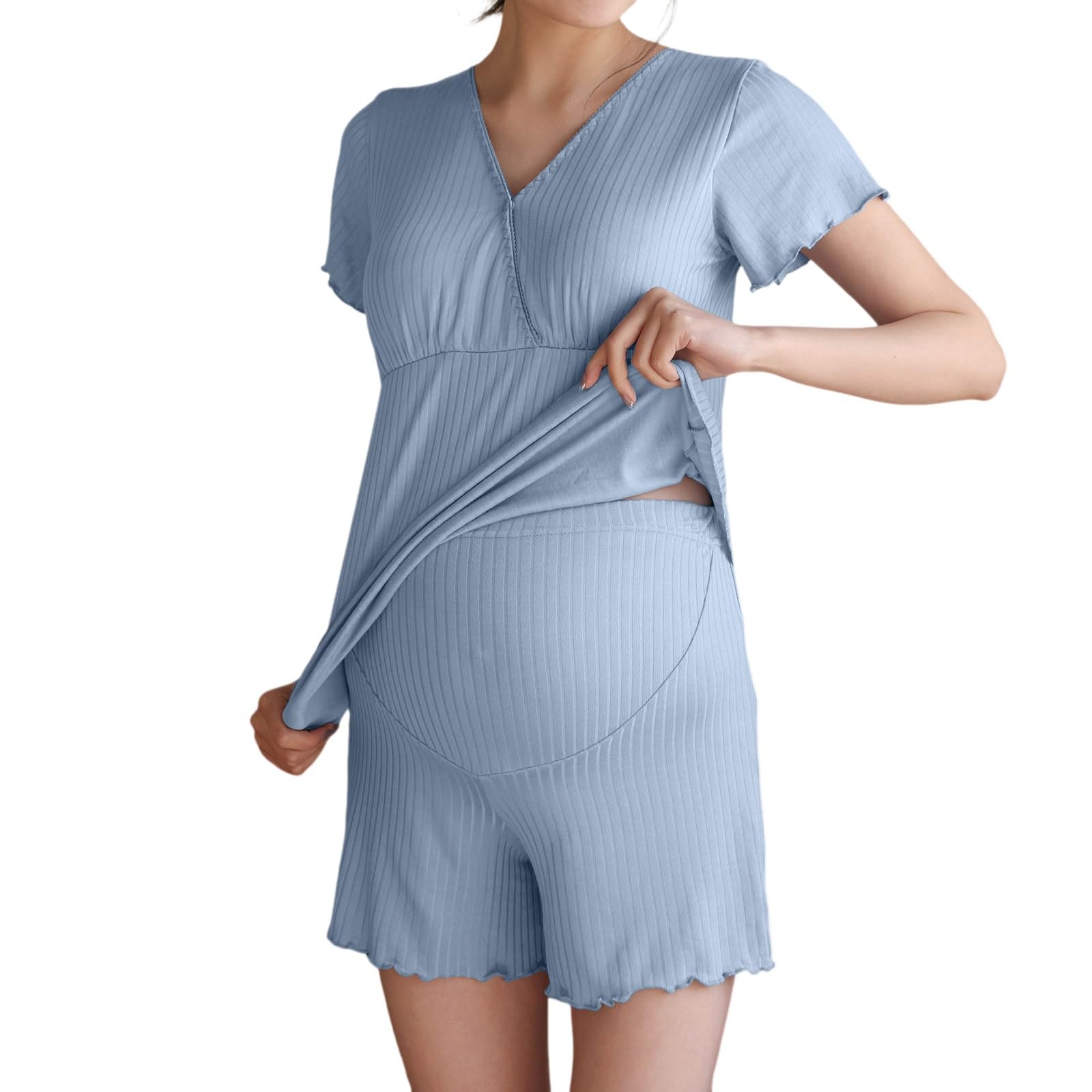 Ensemble pyjama de grossesse à manches courtes pour femme - Respirant - Vêtement de maison - Haut côtelé - Vêtement de grossesse - Taille haute - Pyjama d'allaitement - Short en tissu