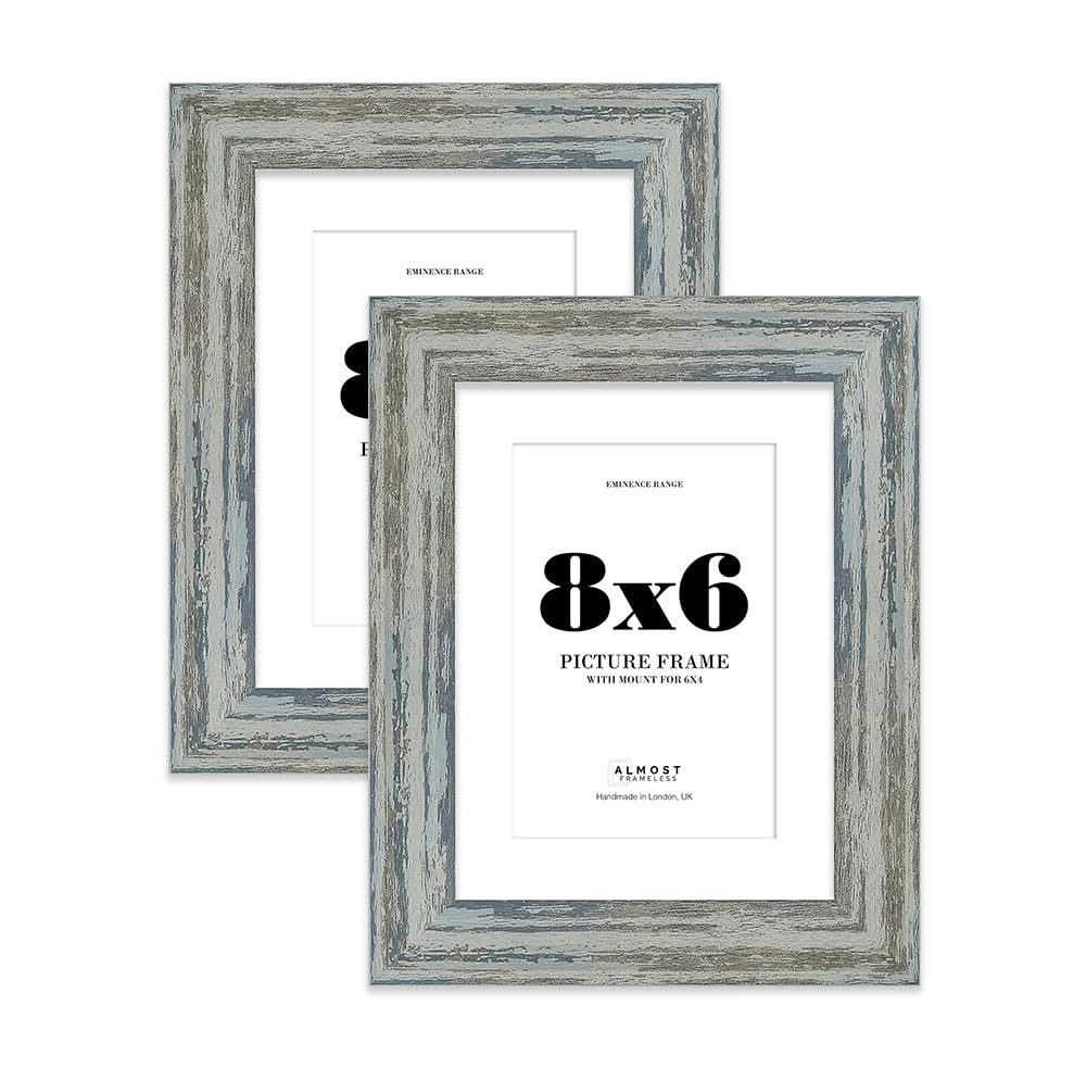 8x6" Distressed Blue Picture Frame with 6x4" Mount - Barnwood Photo Frame with Distressed Finish, Wall Hooks and Kickstand, 32mm Edge - 2 Pack