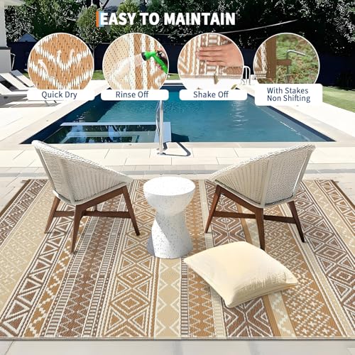 Image of GlowSol Waterproof Outdoor Rug 10x14 Reversible Patio Rug Portable Plastic Straw Rugs for Camping Outdoor RV Mat for Camper Large Outdoor Rugs for Backyard,Picnic,Beach,Deck,Porch,Balcony,Brown /Tan