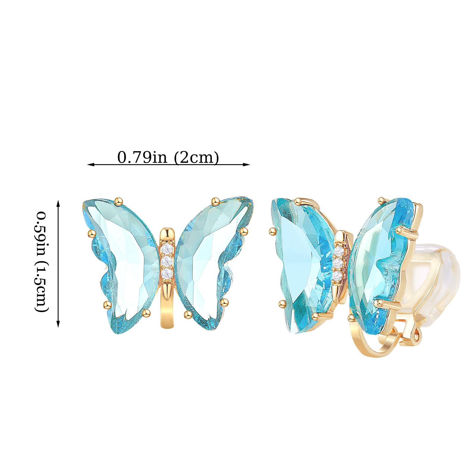 YOQUCOL Butterfly Shape Crystal Clip On Earrings Non Pierced Golden Stud for Women: Light Blue