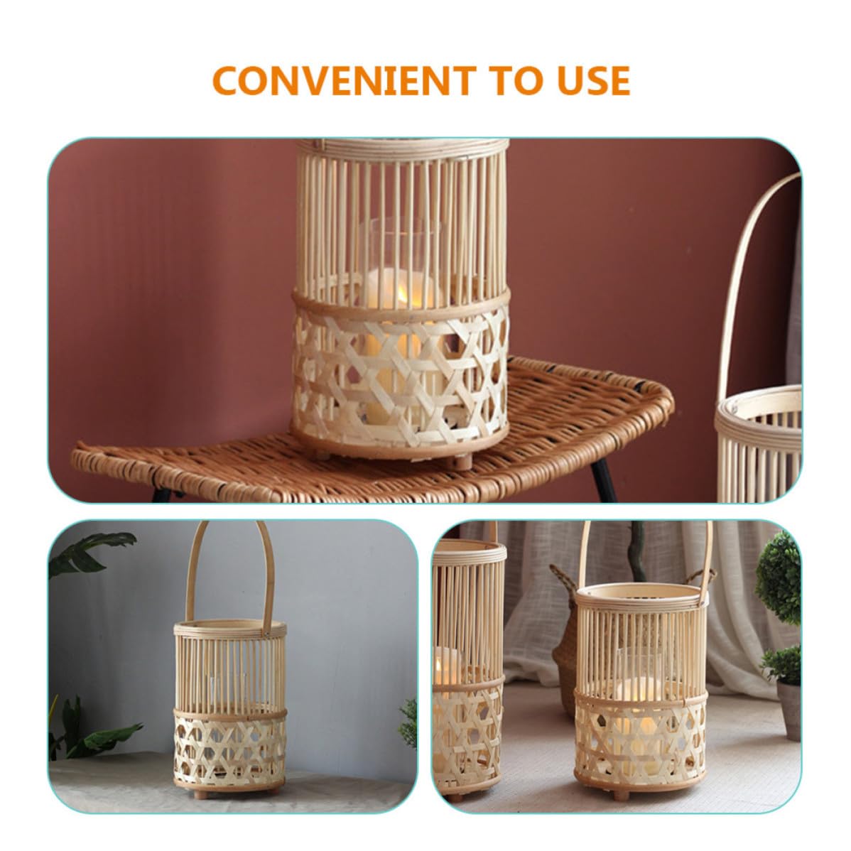 Bambusgeflecht Windlicht Dekorative Laterne und Glas Khaki | Tragbar, für Kerzenlicht Dinner und Party, Elegant Retro Chic