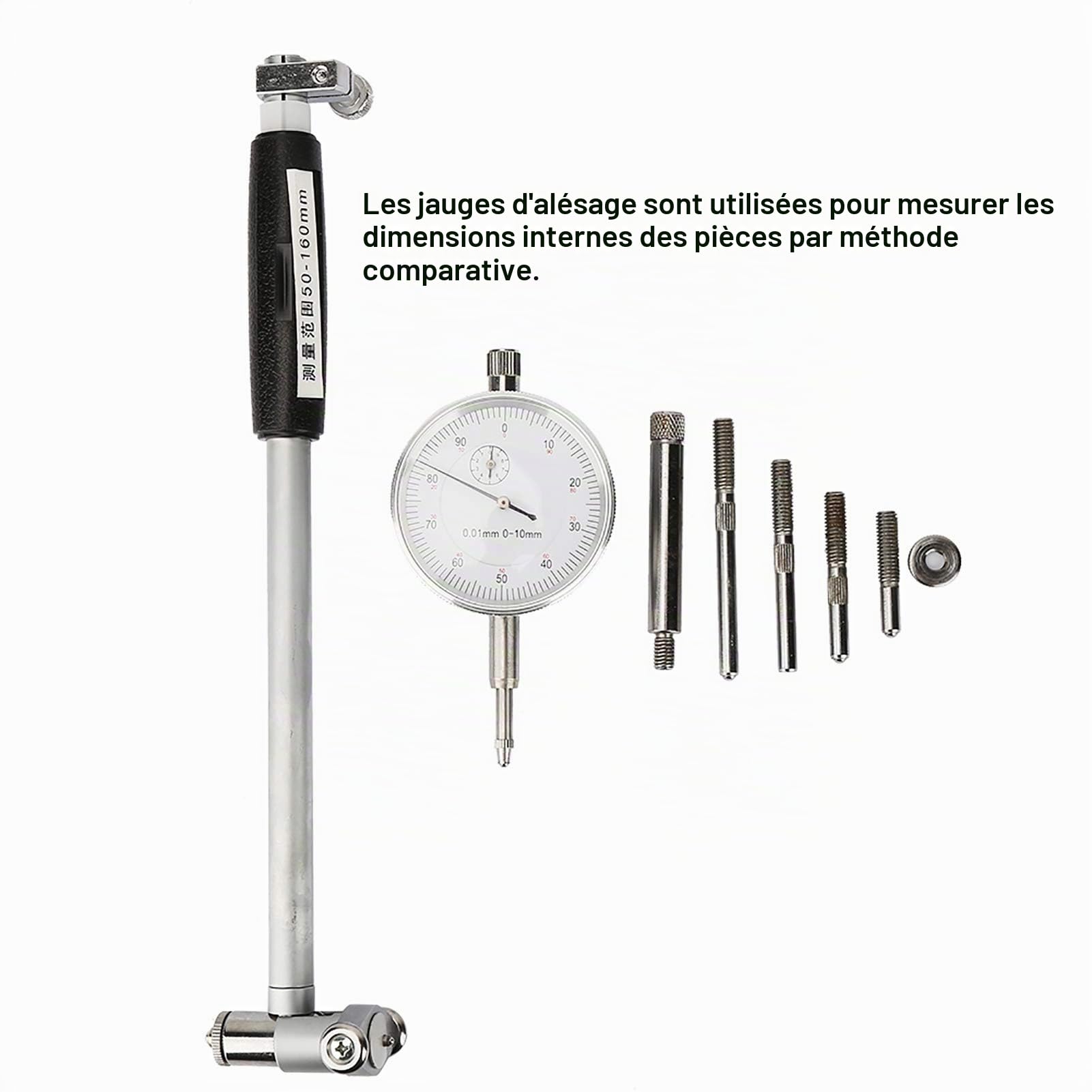 Jauge d'Alésage 50-160MM, Vérificateur d'Alésage Indicateur de Jauge d'Alésage Calibre du Diamètre Intérieur Kit pour Mesurer Dimensions Internes des Pièces, Cadran Alésage