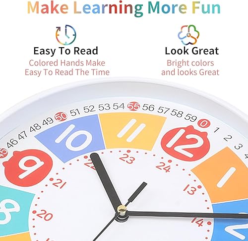 Miniatura 2 de Reloj de pared moderno y colorido para niños, pequeño, analógico, silencioso, redondo, simple, silencioso, de cuarzo, negro, funciona con pilas, sin
