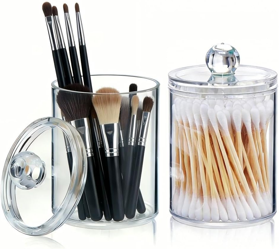 2-Pack Acrylic Cotton Swab Box Set, Small Clear Plastic Jars for Cotton Balls, Pads, Floss Sticks - Bathroom Organizer & Cosmetic Storage, Transparent Pharmacy Jars for Vanity Decor