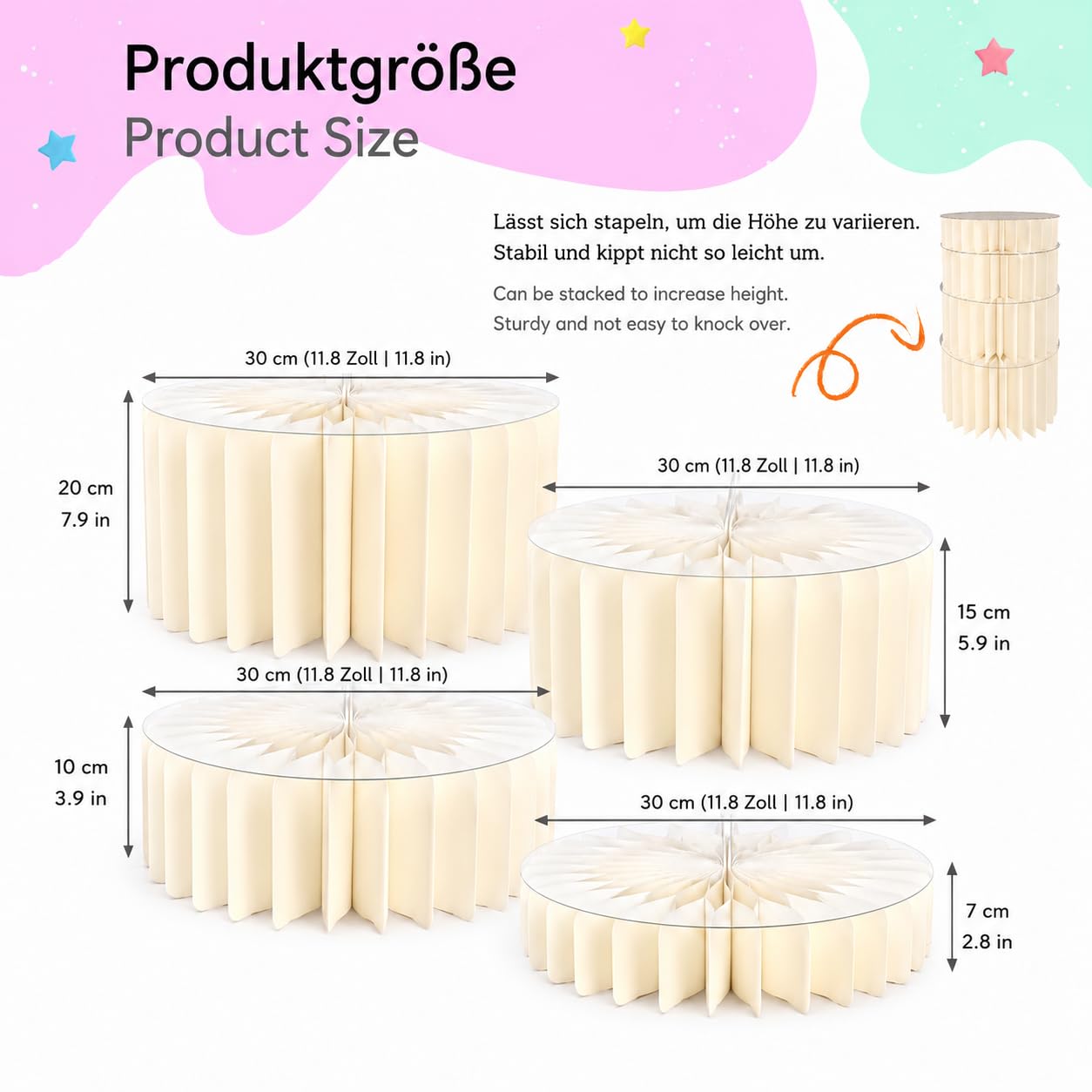 Display Ständer Set 4-teilig – Höhenverstellbare Präsentations-Erhöhungen mit stabilen PVC-Platten – Faltbares Buffet Podest für Desserttisch, Hochzeit, Geburtstag & Candy Bar Deko