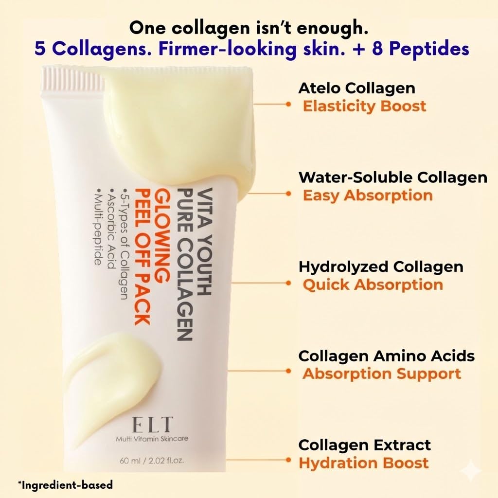 ELT Collagen Peel Off Facial Mask Pack - Hydrating & Firming Wrapping face Mask with 5 Types of Collagen, 8 Peptides, Silicone Brush Korean Skincare (60 ml / 2.02 fl.oz) - Image 3
