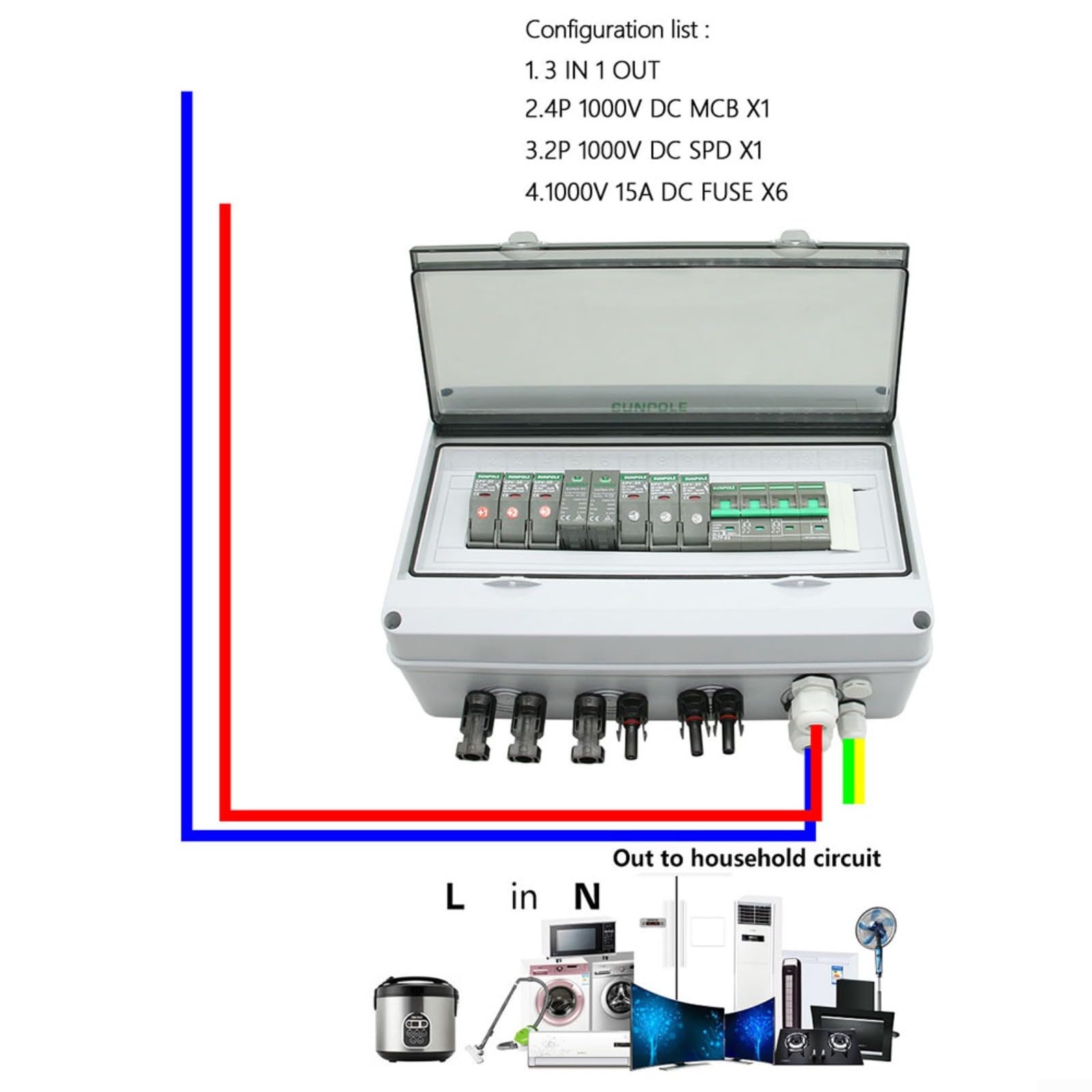 PV Combiner Box, 3 in 1 Out 1000V IP65 Impermeabile Protezione solare PV Rilevamento in tempo reale LQX-C DC Strings/Combiner Scatole per impianto fotovoltaico residenziale sul tetto