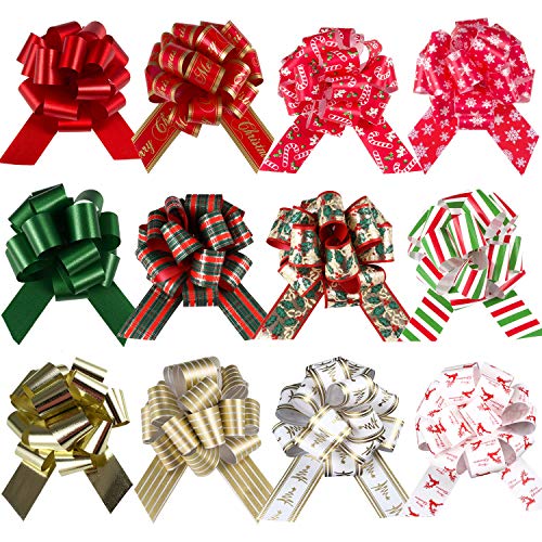 24pcs Christmas Pull Bow with Ribbon 4.7â€ Wide 12 Different Patterns Wrapping Bow for Xmas Present Decorations